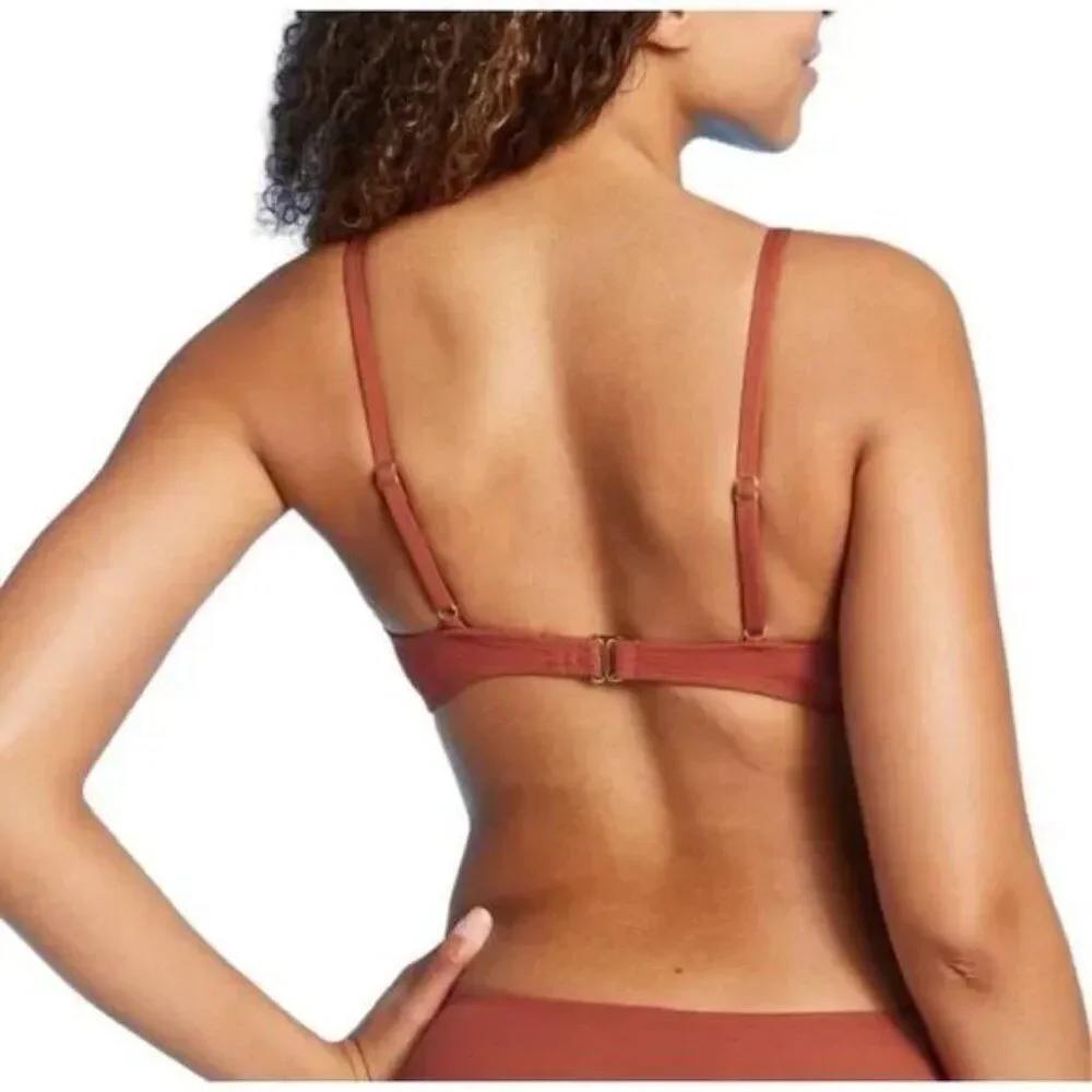 Shade & Shore Brown Shirred Ribbed Bralette Bikini Swim Top Size Large
